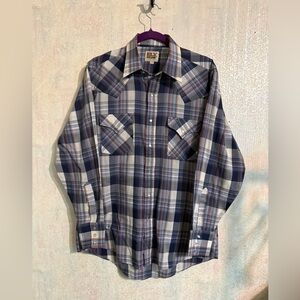 Vtg 1990’s Ely Cattleman Men's Blue and White Plaid Western Pearl Snap Shirt M